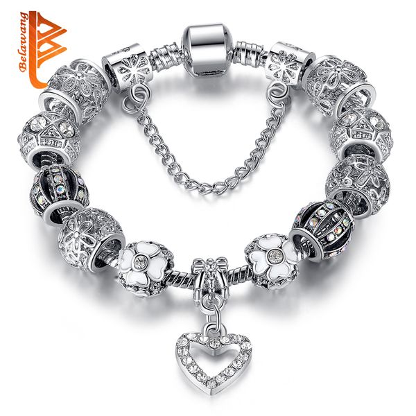 

belawang fashion silver color heart charms bracelet bangle for women diy 925 crystal beads fit original bracelets women jewelry, Golden;silver