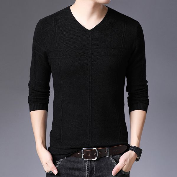

2019 autumn and winter young v-neck casual long-sleeved men's sweater slim stretch thin plaid cashmere pullover beige red, White;black