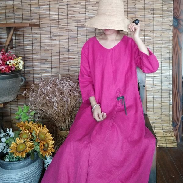 

johnature rose red women dress vintage cotton linen robes 2020 autumn new o-neck long sleeve patchwork women clothing dresses, Black;gray