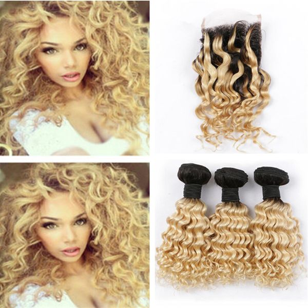 2019 Ombre Blonde Curly Hair Weave Bundles With Lace Closure Deep