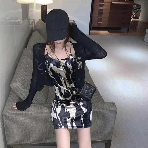 

hong kong-стиль ретро sexy backless sling bag hip юбка стройная-матч short вязаной кардиган двухсекционного костюм женщины, Black