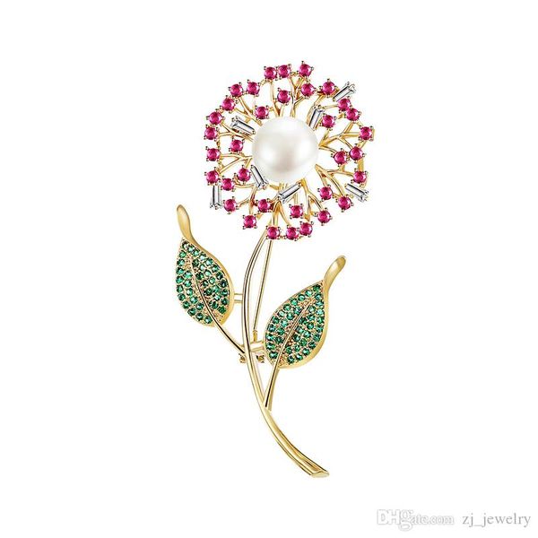 

brooch pin copper zircon colorful beautiful flower dandelion pearl green leaf trend personality dress jewelry, Gray