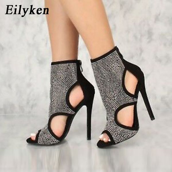 

eilyken spring summer design diamond rhinestone women ankle sandals boots peep toe zipper high heels shoes ladies sandals, Black