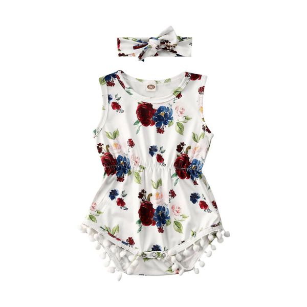 

floral newborn baby girl romper sleeveless fringe comfortable overalls bow headdress summer infant girl suit, Blue
