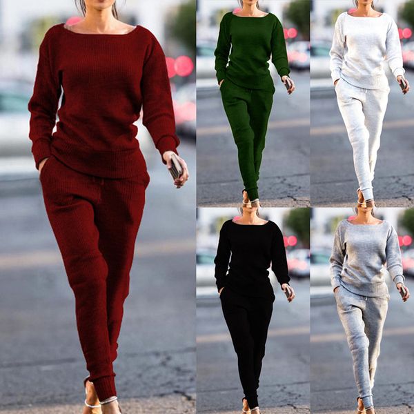 

2pcs women set autumn knitted suit o-neck long sleeve solid tracksuit 2019 new ladies fashion casual outfit running sport suit, Black;blue