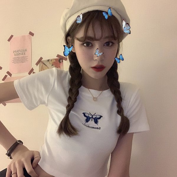 

2020 embroidered embroidery slim bm style short t-shirt female fashion 2020 embroidered butterfly butterfly embroidery slim bm style short t, White