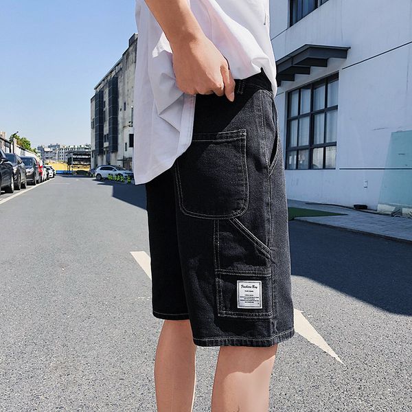 

summer tooling style casual shorts men straight solid color stitching denim shorts men cotton knee length denim, Blue