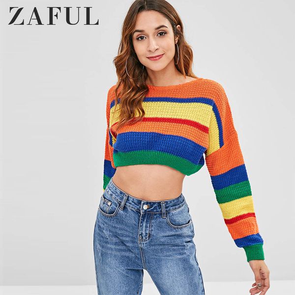 

zaful dropped shoulder color block sweater o-neck elastic waist patchwork loose pullovers streetwear women sweet autumn, White;black
