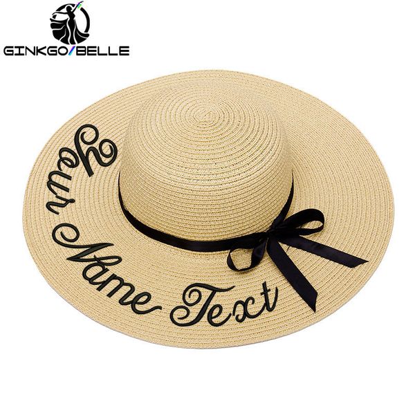 

customize embroidery name text logo women beach hat sun hat lace ribbon bow large brim straw summer caps dropshipping, Blue;gray