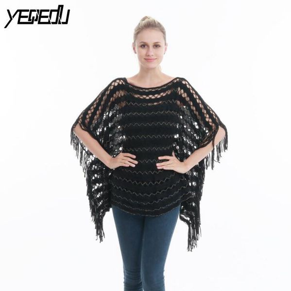 

#7301 летний трикотаж пончо мода кисточкой летучая мышь рукав пончо и накидки негабаритных перемычка пуловер женщины casaco feminino, Black