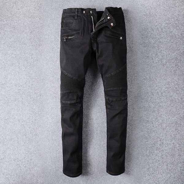 

fashion streetwear men jeans black color spliced designer hip hop jeans men classical denim cargo pants motor biker, Blue