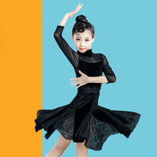 

new latin dance dress for girls long sleeve practice skirt ballroom dance costume kids rumba/samba/salsa dancing costume vo226, Black;red