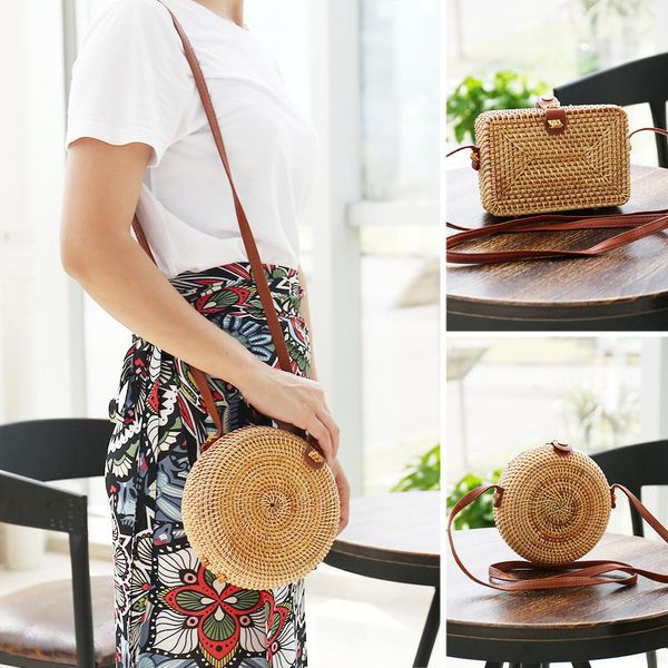 

2019 women hand woven rattan bag straw purse handmade wicker crossbody summer beach square circular round handbags