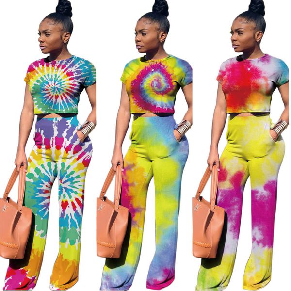 

2019 trendy pa6068 tie dye printed crop and pant outfit two piece et women clothing