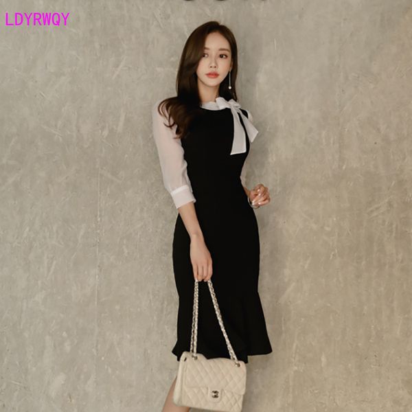 

2019 autumn and winter new korean women's fashion stitching bow tie seven-point sleeve temperament bag hip fishtail dress, Black;gray