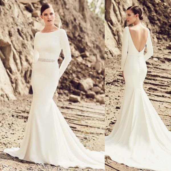 

2019 classic beach long sleeve mermaid wedding dress backless beading bridal gown scoop neck sweep train wedding dresses, White