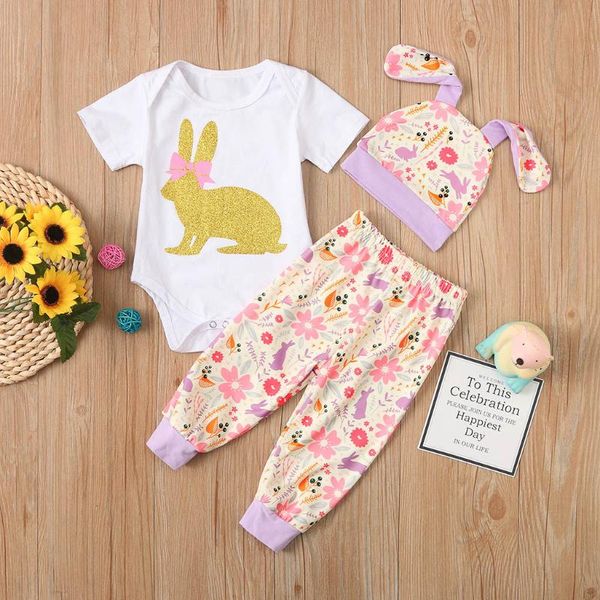 

telotuny 3шт новорожденная девочка мультфильм первая пасха 3d комбинезон+шляпа+брюки наряды набор летний свежий праздничный набор, White