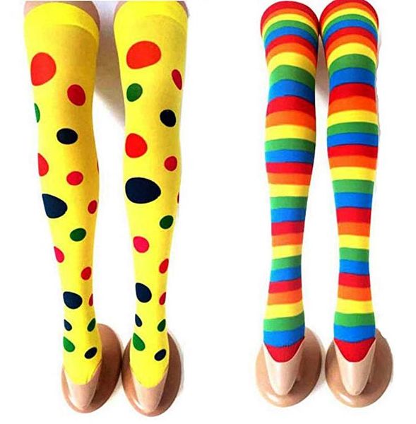 Weihnachtsstrümpfe, Halloween-Party, Kostüm, Cosplay, lange Socken, Regenbogen-gestreift, gepunktet, Clown-Socken, japanisches Anime-Zubehör, Requisiten, 70 cm