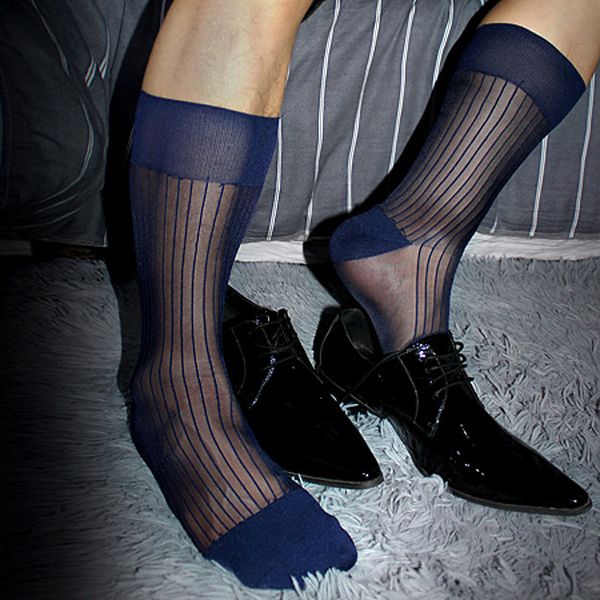 

men nylon silk socks striped see through sheer thing formal dress suit male long socks softy silks for man business, Black