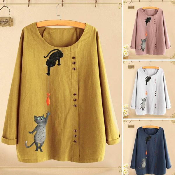 

урожай печатных рубашки женского цветочной блуза zanzea 2020 кнопка с длинным рукавом blusas женского o шея мундир плюс размер tee shirt, White