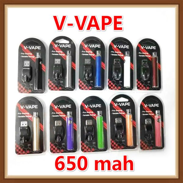 

V-VAPE LO Preheat VV Блистерный комплект батареи 650 мАч Переменное напряжение, регулируемое с зарядным устройством USB для 510 воска густого масла Предварительный нагревательный картридж