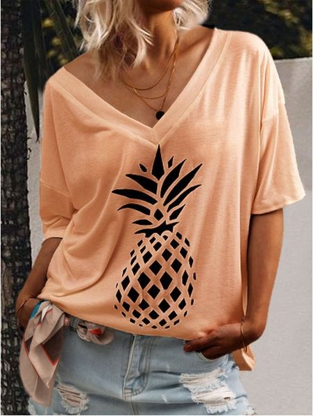 

casual and printed v-neck short-sleeved female casual t-shirt pineapple and pineapple printed v-neck short-sleeved t-shirt female, White