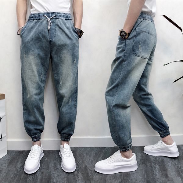 

2019 men vintage ripped hole jeans ankle-length big crotch denim harem pants pencil pants blue distressed trousers high street