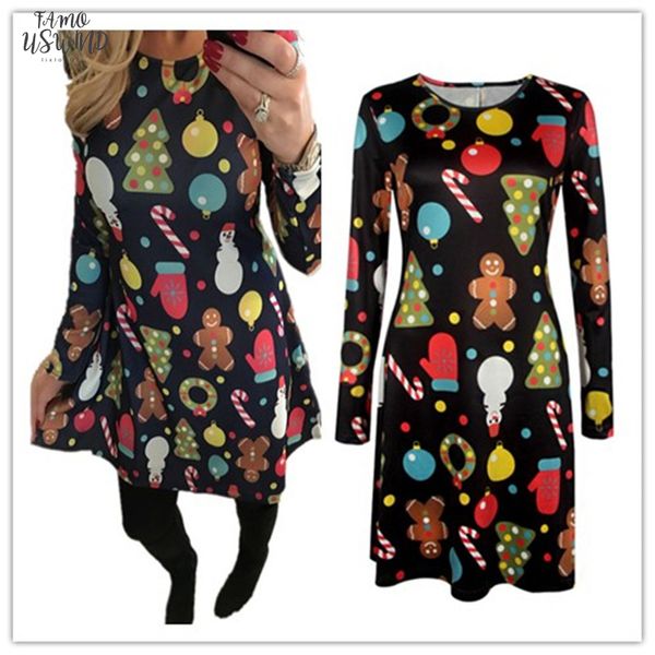 

5xl plus size christmas dress women casual print party dresses 2020 long sleeve ladies winter dresses vestido robe femme, Black;gray