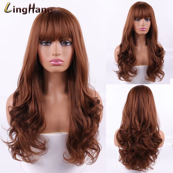 

linghang long wavy brown gold black wigs with bangs heat resistant synthetic wigs for african american women