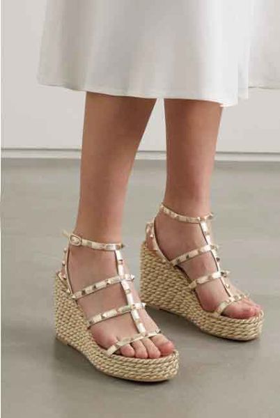 

лодыжки ремень высокие каблуки платье известного дизайнера lady сандалии luxury rock stud 95 кожа эспадрильи клина sandalias женская партия, Black