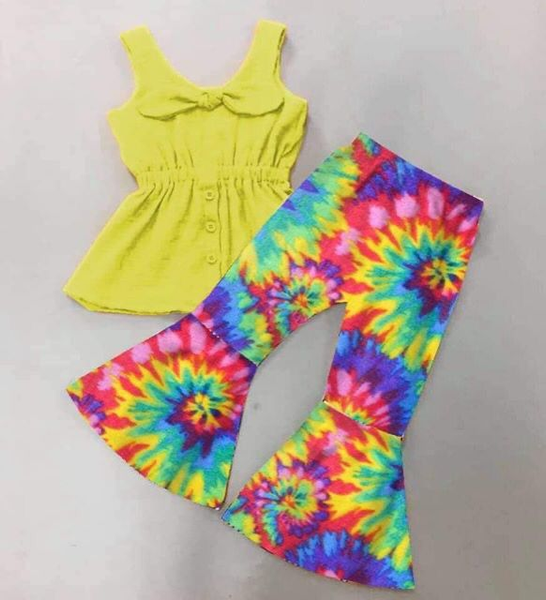 

boutique baby girls sets yellow sleeveless tunic with colorful floral pattern bell pants girls fashion sets, White