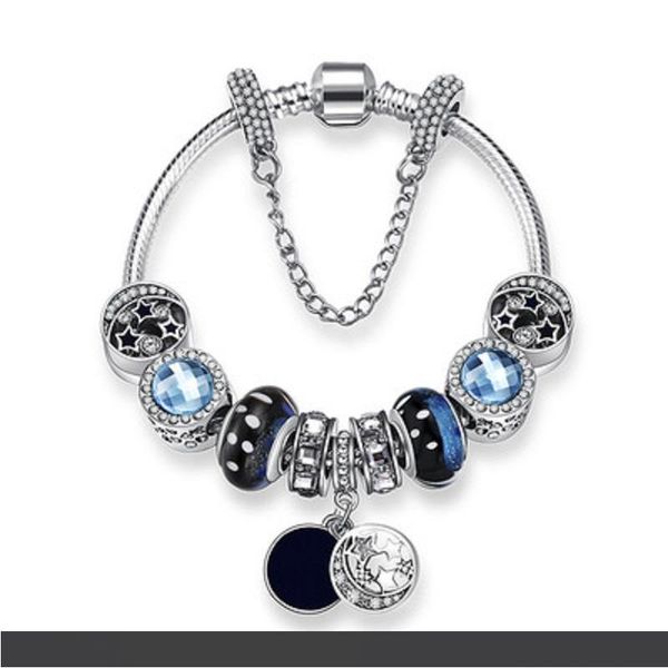 

голубое звездное небо бусины браслеты пандора шарм браслет для женщин кристалл старинные стеклянные звезды луна бисером браслет pulsera ювел, Golden;silver