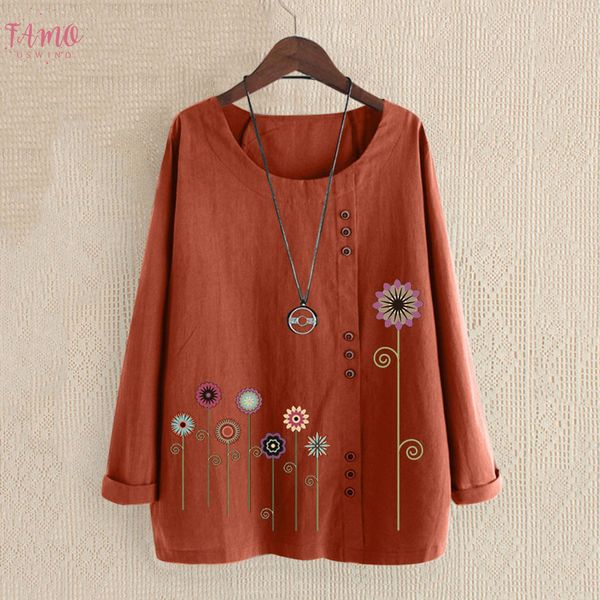 

women casual plus size o neck print loose button long sleeve polyester fashion casual female t shirts august 6, White