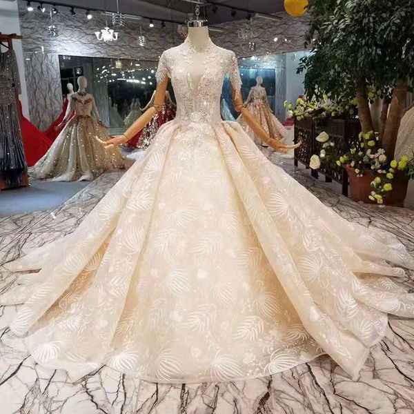 

2019 luxury lace wedding dresses champagne elegant high neck crystal short sleeves ball gown wedding gowns with long train for queens, White