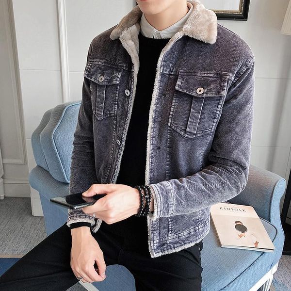 

cotton jacket male 2019 winter men's thick corduroy jackets man lamb fur lapel long sleeve cotton jacket male, Black