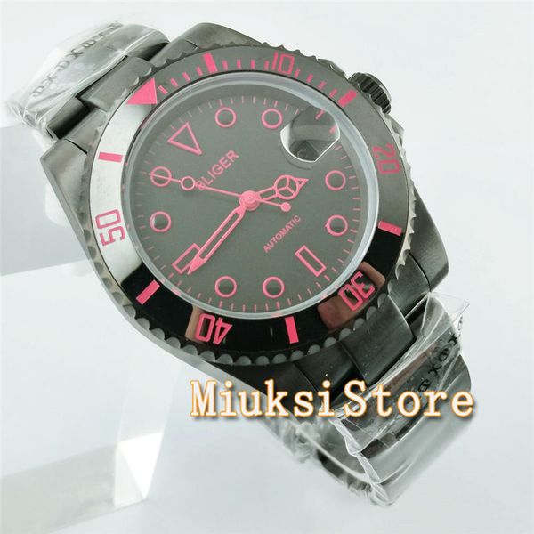 

40mm black dial/strap pink hands stainless steel band automatic men wristwatch, Slivery;brown