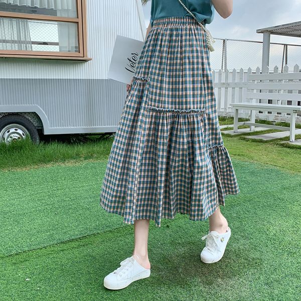 

летние клетчатые плиссированные юбки jurken эластичная высокая талия midi длинная трапециевидная юбка женская harajuku опрятный стиль винтаж, Black