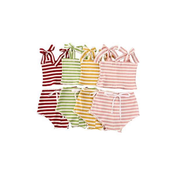 

3-24m новорожденный kid baby girl одежда полосатый вязаные рукавов ремень труба tops высокой талией короткое bottom 2pcs set наряды, White