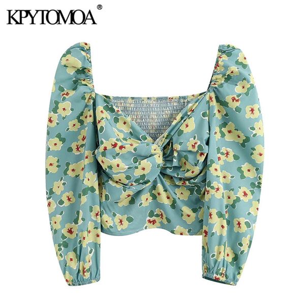 

kpytomoa женщин-2020 мода цветочные печати драпированные укороченные блузки старинные слоеного рукав эластичный женщина рубашки blusas топы, White