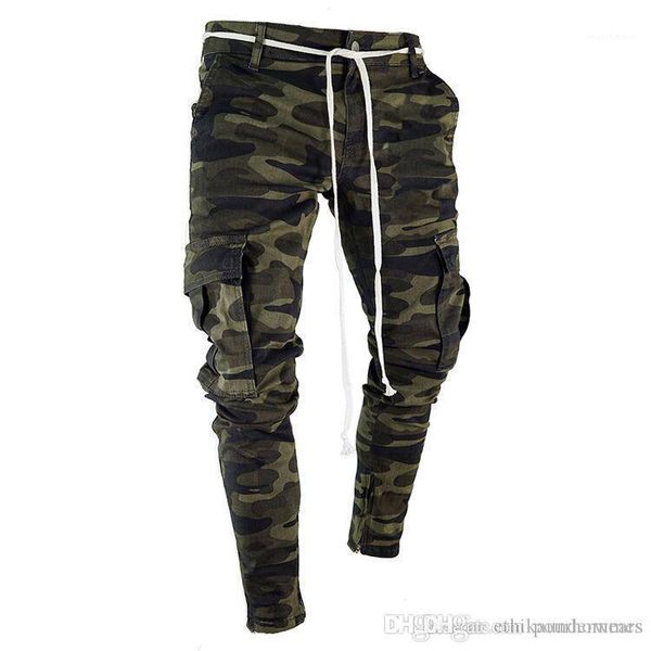 

big pockets striped zipper design slim jean pants mens camouflage pencil designer jeans fashion, Blue
