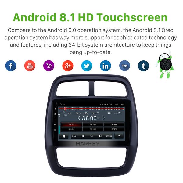 

harfey car multimedia player 9'' android 8.1 radio stereo headunit for renault kwid 2012-2017 gps navi support carplay obd2 dvr ca