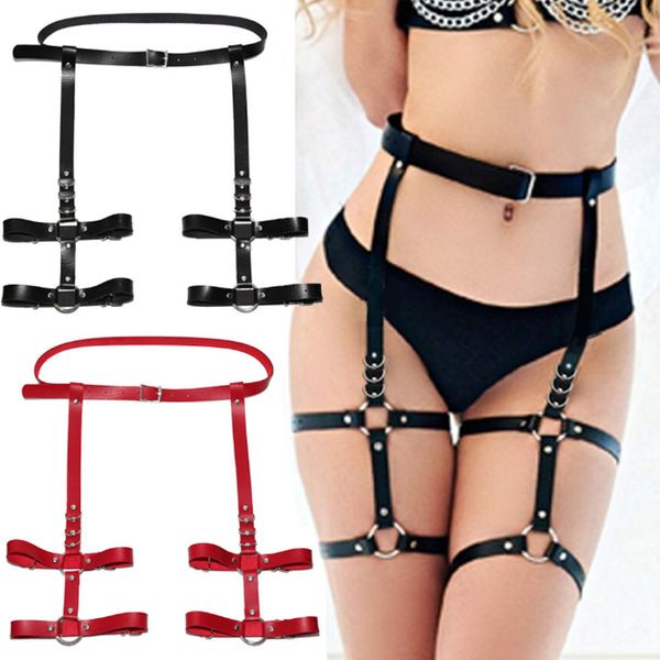 

women braces 2018 punk leather waist strap garter belt with 2 suspenders straps and detachable bow thigh harness loop, Black;white