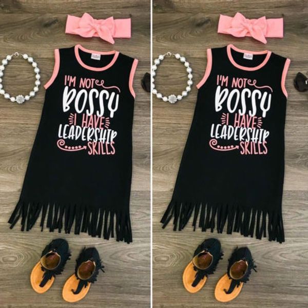

2018 New Fashion Kids Baby Girls Black Tassel Dress Princess Girl Letter Print Dress Party Children Holiday Beach Dress Sundress
