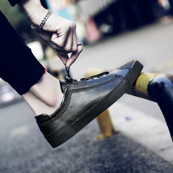 

spring men loafers men shoes fashion casual male shoes lace up leather leather flat, Black