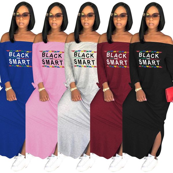 

letter printed women designer dresses long sleeve black smart print slash neck loose off shoulder ladies long dress split skirt 2019, Red;yellow