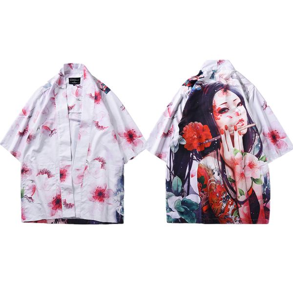 

mr.1991inc japanese kimoni men cardigan shirt japan traditional clothing male summer print cherry blossoms plus size -xxl, White;black