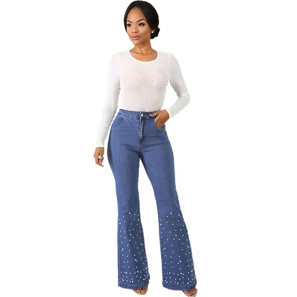 

vintage high waist wide leg pearl mom jeans for women elegant ladies high waisted bell bottom beaded flare jeans plus size, Blue