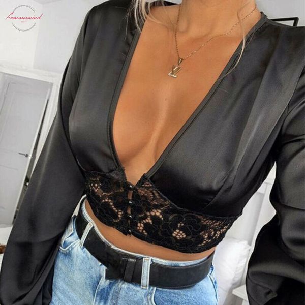 

осень женщины hollow кружева глубокий v шеи t shirt black обрезанные top с длинным рукавом sexy футболки blusas женщин тройники, White