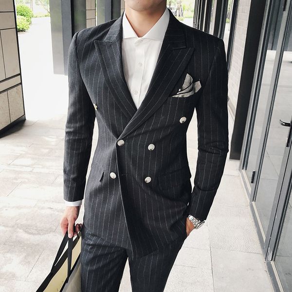 

mens suits blazers mens jacket vertical stripe korean double - breasted elegant wedding for trousers, White;black