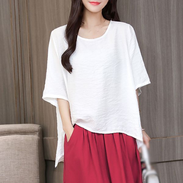 

2019 new ladies casual solid color round neck half sleeve plus size, White